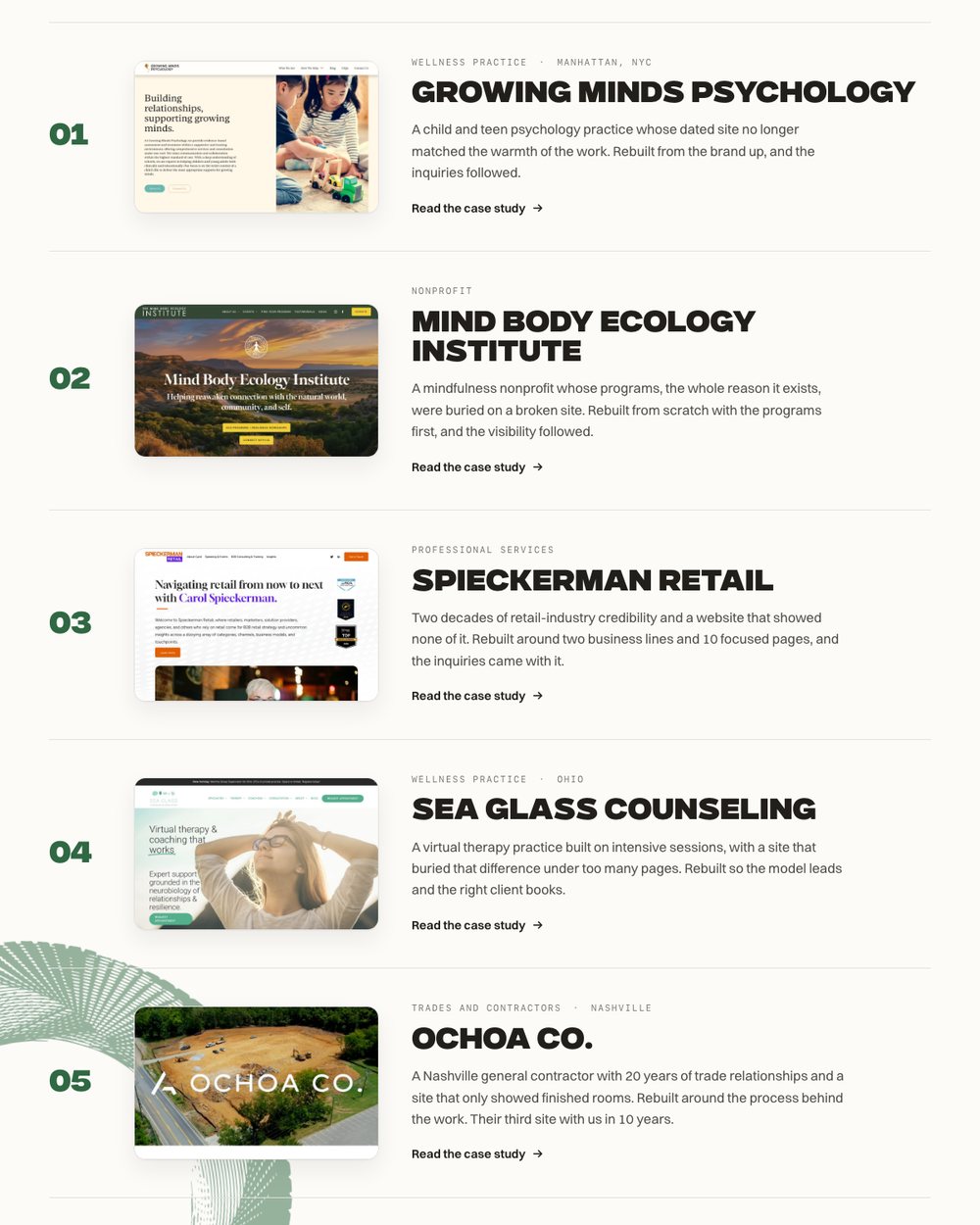 The Arc & Atlas case studies page, listing five client projects