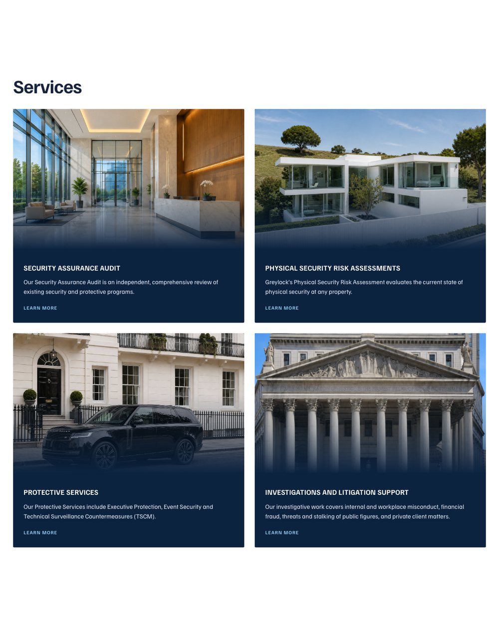 The four Greylock services shown as photo cards: audit, risk assessments, protective services, and investigations