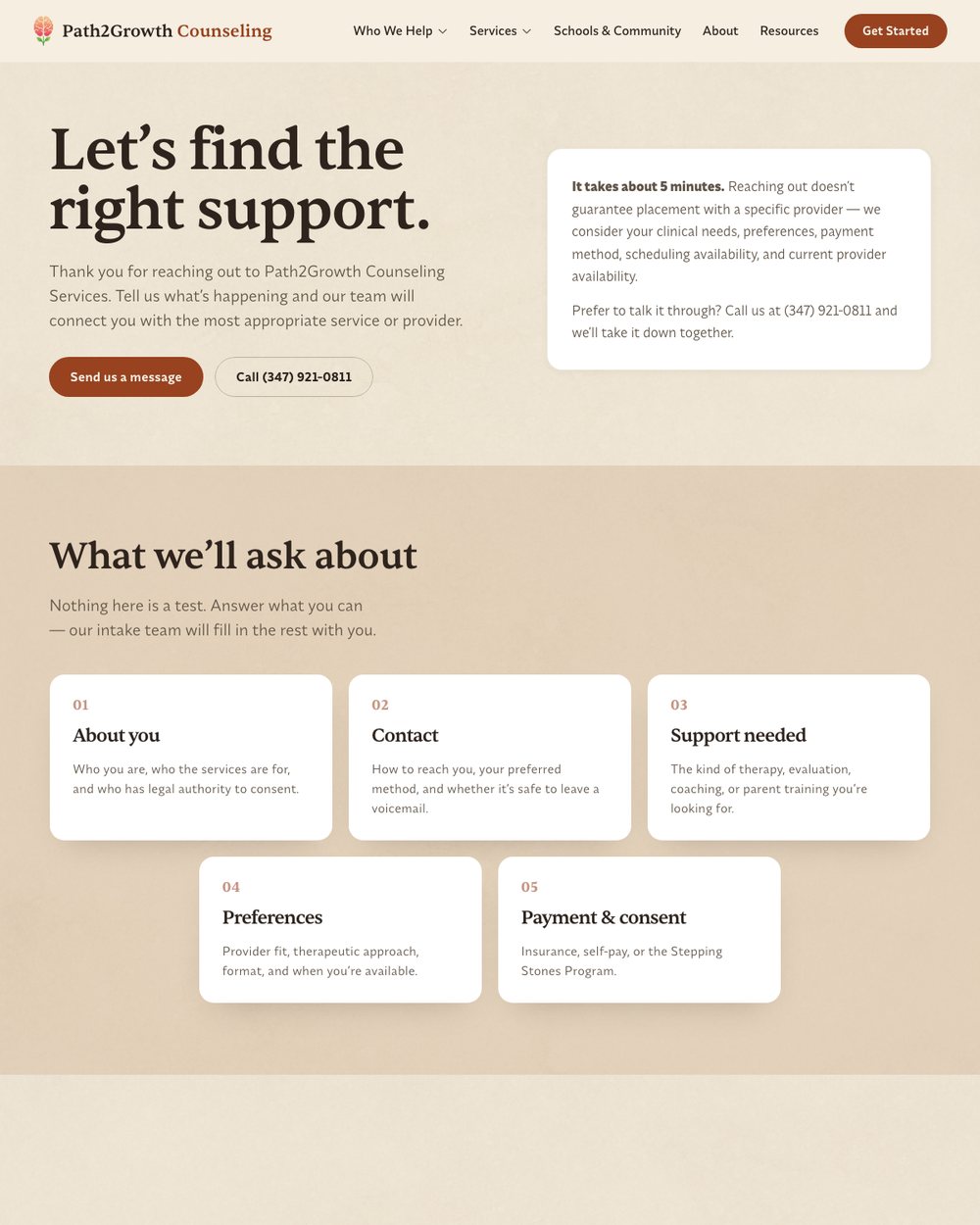 The Path2Growth intake page, listing the five things the form asks about